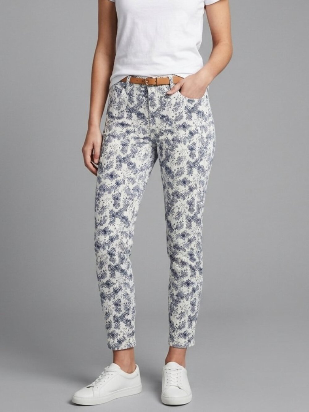 Joe Fresh White Denim Pants with Dark Blue Leaf Pattern